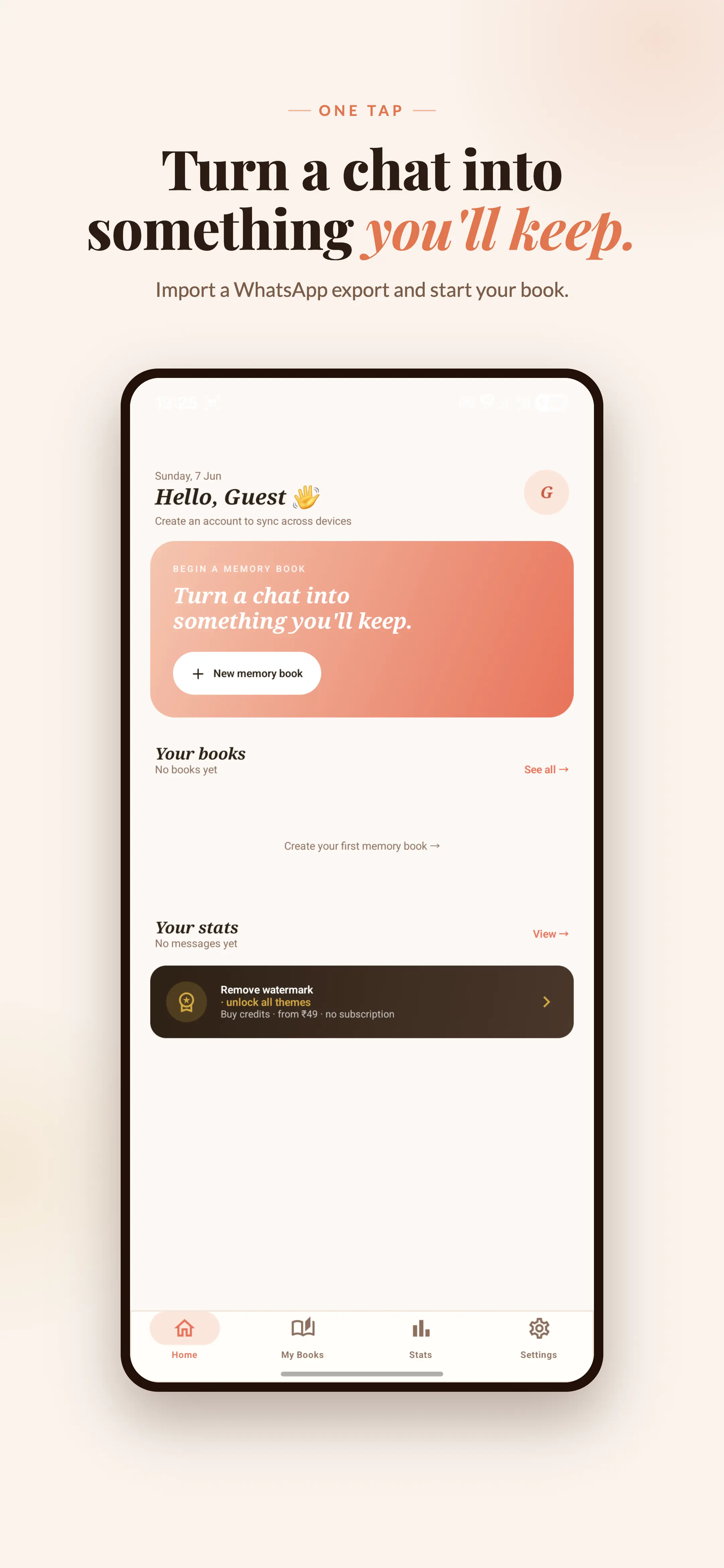 Chatcraft home screen with a button to start a new memory book from a WhatsApp chat